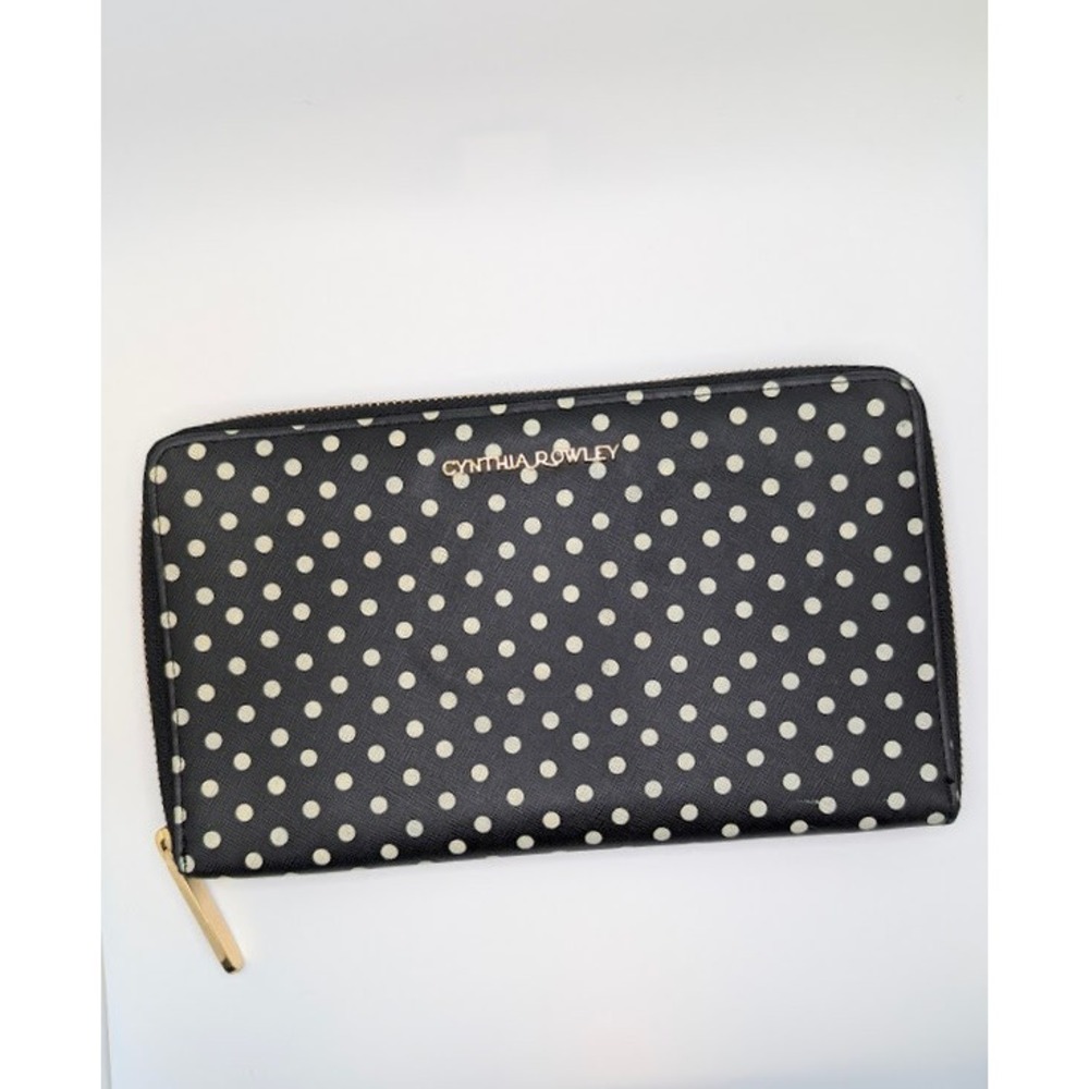 Cynthia Rowley Black White Polka Dot Zip Around Travel Wallet Passport Organizer